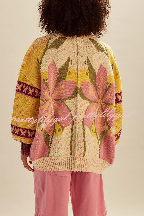 Floral Pattern Loose Long-sleeved Knitted Cardigan