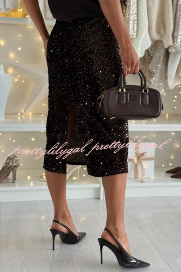 Light The Night Velvet Sequin High Rise Elastic Waist Pencil Slit Midi Skirt