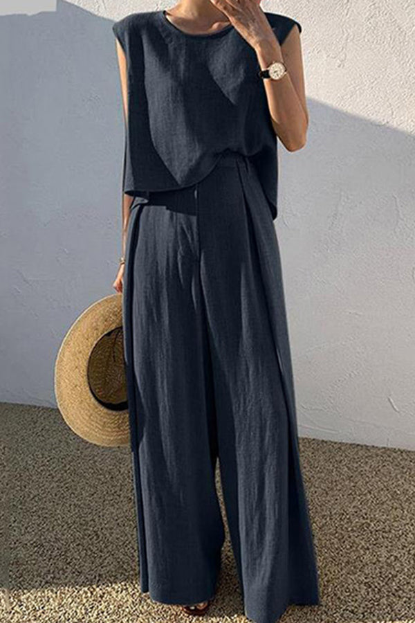 Linen Blend Casual Round Neck Sleeveless Top and Loose Wide-leg Pants Set