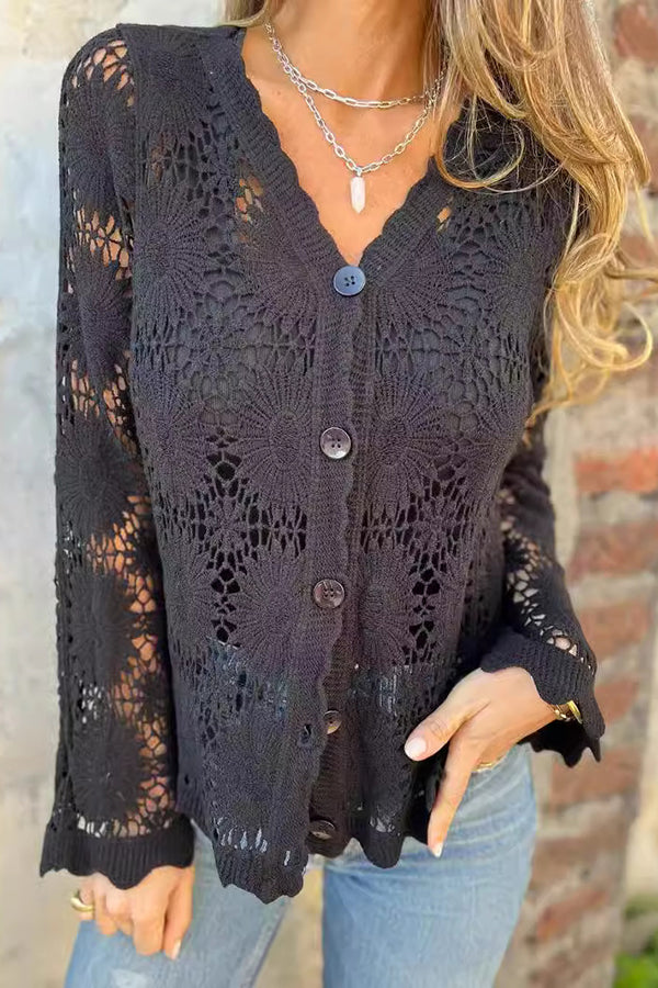 Fashion Hollow Lace Casual Long Sleeve Cardigan