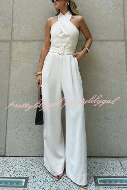 Solid Color Halterneck Sleeveless Waisted Casual Pocket Straight Jumpsuit