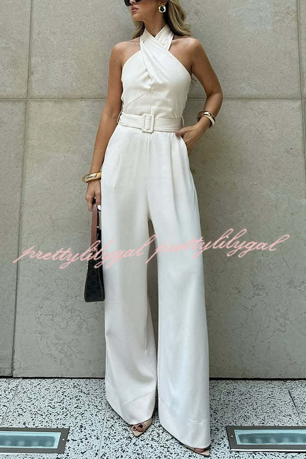 Solid Color Halterneck Sleeveless Waisted Casual Pocket Straight Jumpsuit