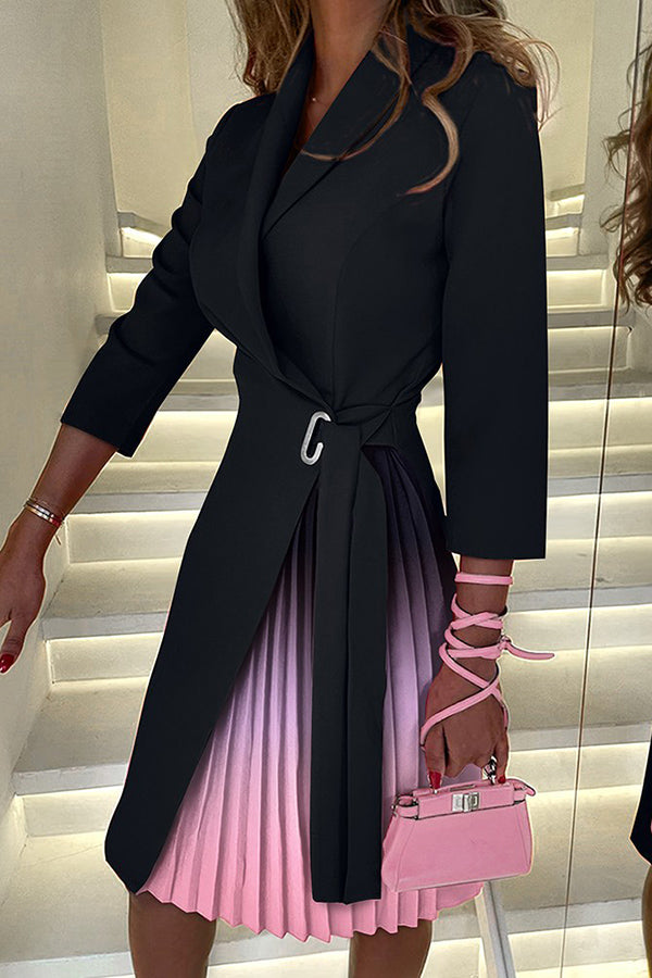 Fashionable Gradient Lapel Waist Tie Pleated Mini Dress