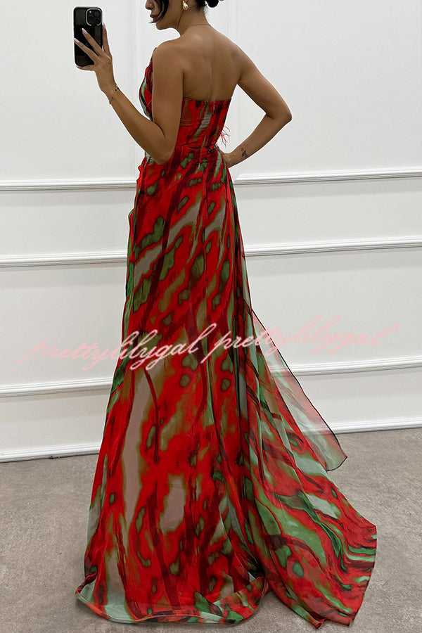 Amazing Views Watercolor Print Feather Rose Detail Off Shoulder Pleated Slit Maxi Dress