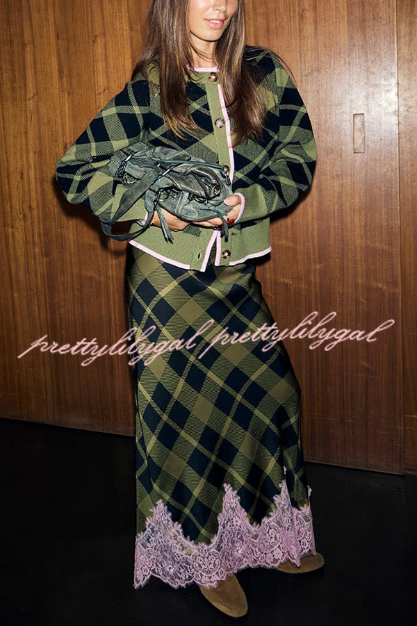 Holiday Plaid Knit Color-blocked Trim Button Long-sleeved Loose Cardigan