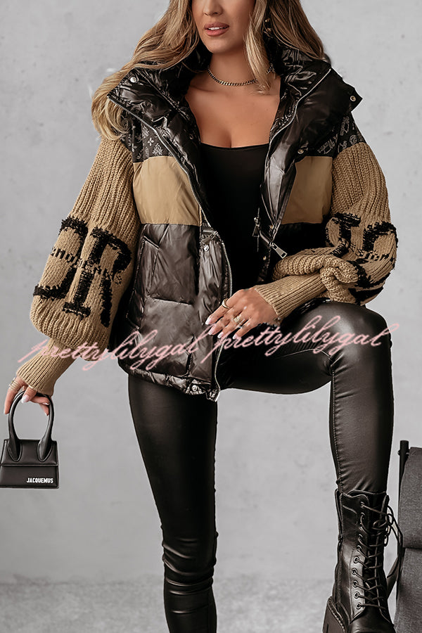 Stylish Denim Knit Long-sleeved Patchwork Hooded Pocket Thickened Jacket