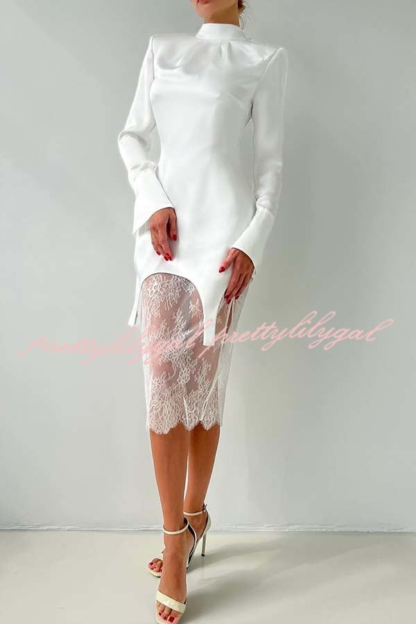 Melissa Satin High Neck Long Sleeve Curved Hem Top and Lace Midi Skirt Set