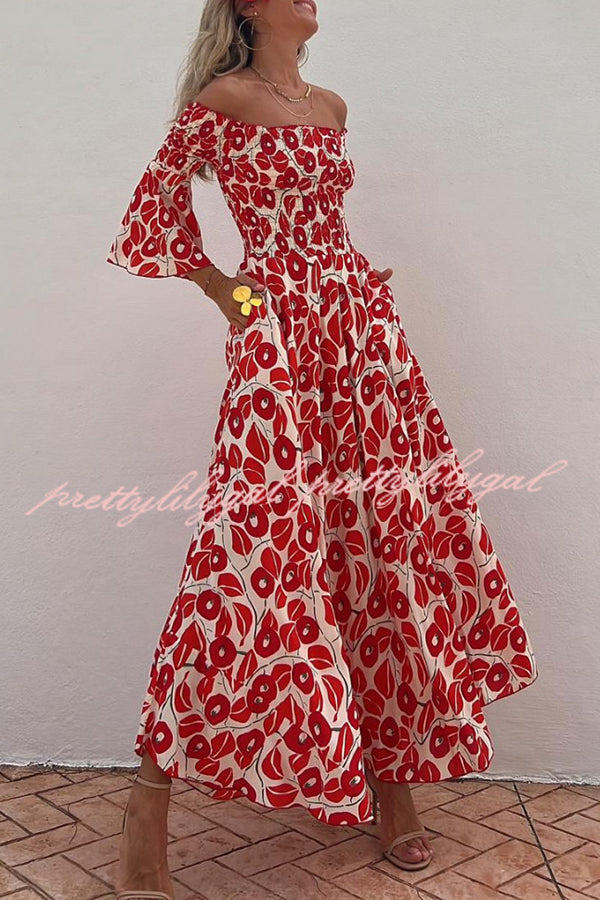 Close To The Vacation Floral Print Smocked Off Shoulder Pocketed Maxi Dress