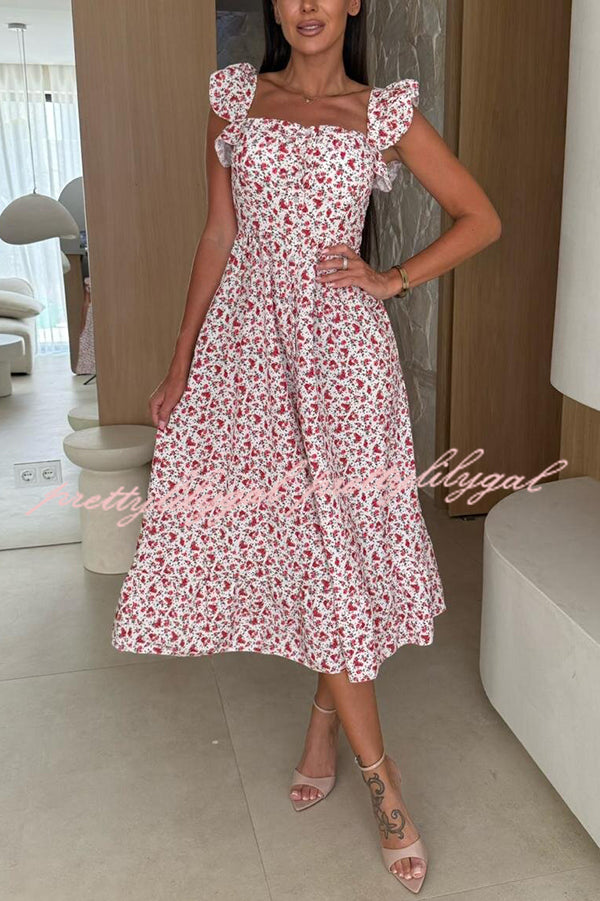 Floral Print Square Neck Pleated Back Midi Dress