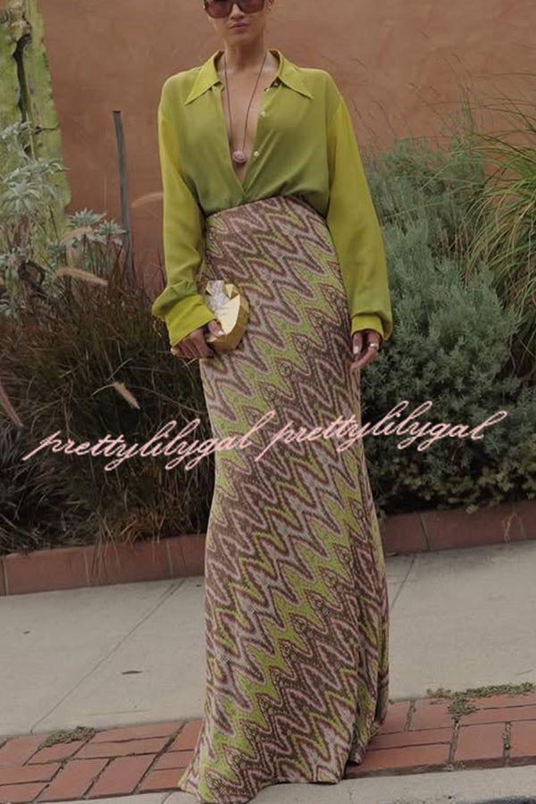Moonlit Waltz Knit Jacquard Zigzag Print High Rise Stretch Flare Maxi Skirt