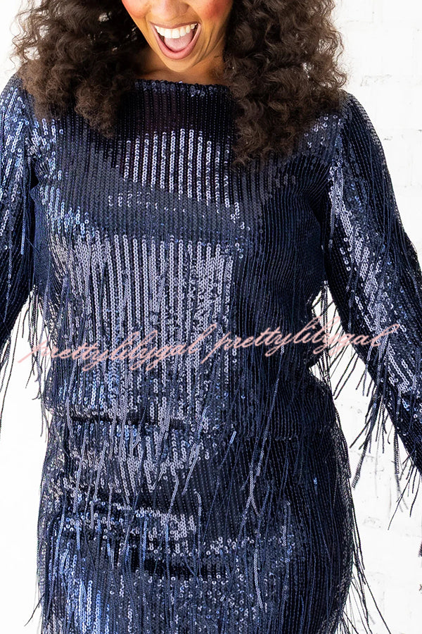 Insight Blueberry Sequin Fringe Long Sleeve Blouse