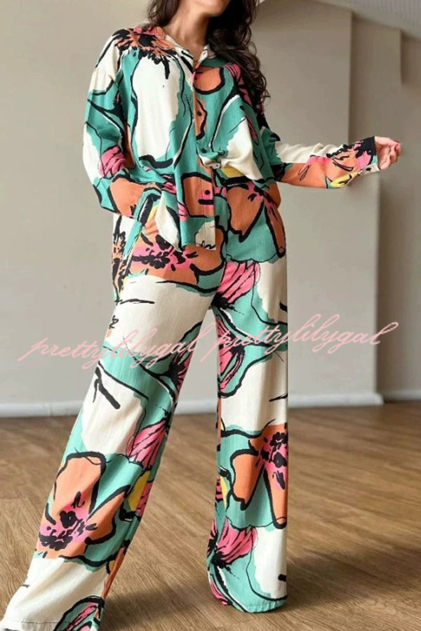 Unique Graffiti Print Casual Long Sleeve Shirt and Elastic Waist Pocket Straight Pants Set