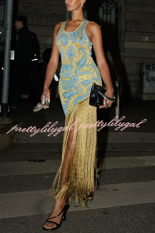 Unique Print Sleeveless Fitted Fringed Hem Maxi Dress