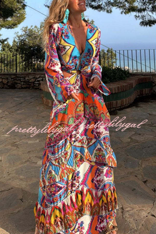 Colorful Day Unique Print Bell Sleeve Cutout Waist Layered Maxi Dress