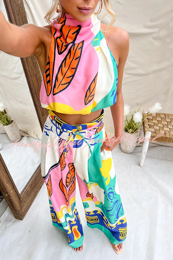 Maison Linen Blend Unique Print High Neck Top and Elastic Tie-up Waist Pocket Wide Leg Pants Set