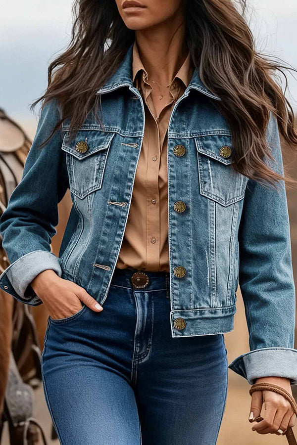 Stylish Lapel Long-sleeved Casual Button-pocket Denim Jacket