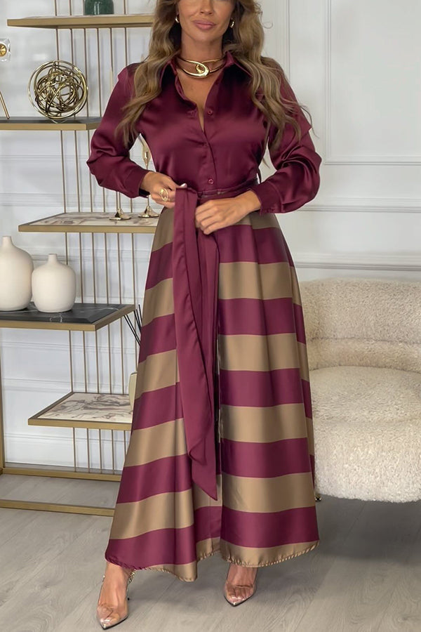 Lindsey Satin Colorblock Contrast Long Sleeve Belted Shirt Maxi Dress