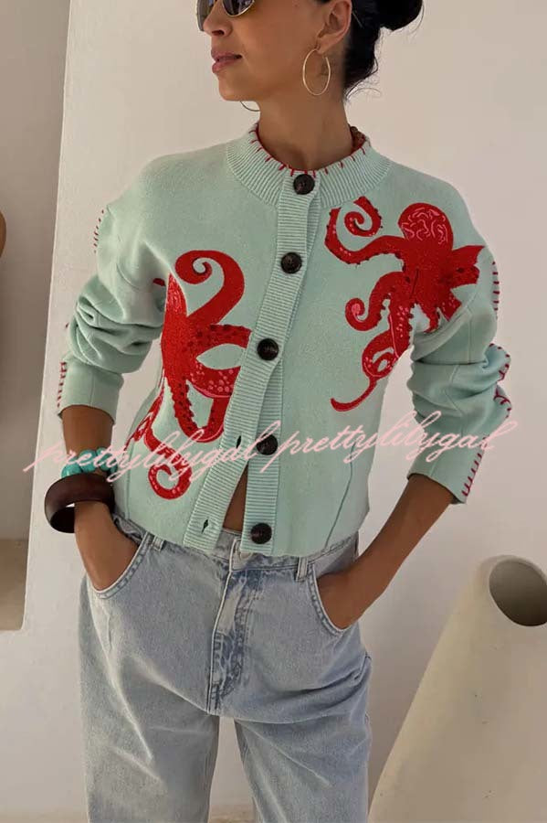 Coastal Fashion Knit Octopus Graphic Contrast Piping Button Up Loose Cardigan