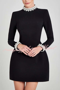 Lovers Kiss Pearl Trim High Neck Long Sleeve Pocketed Tulip Mini Dress