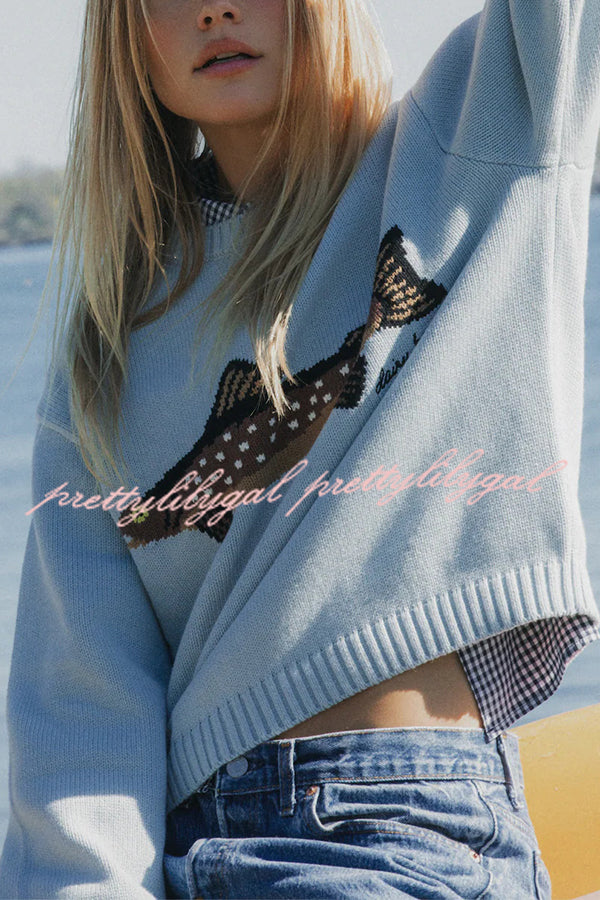 Fashionable Fish Pattern Round Neck Loose Knitted Sweater