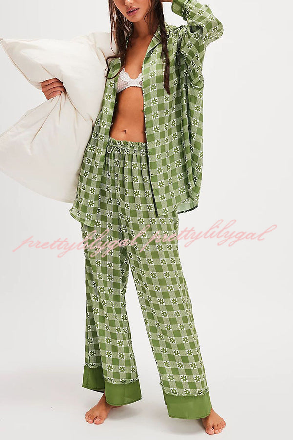 Unique Printed Lounge Long-sleeved Shirt and Elastic Waisted Baggy Pants Set