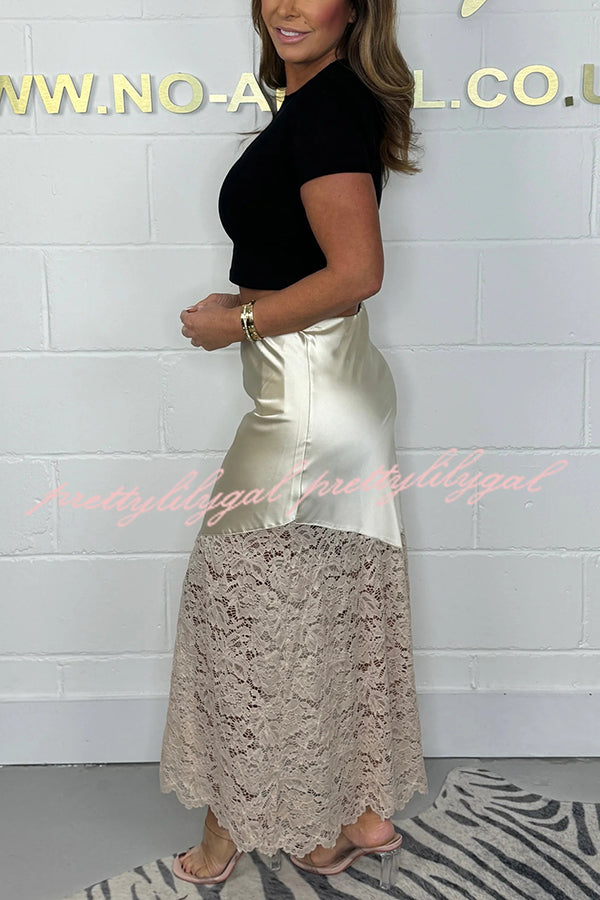 It's Your Night Solid Satin Lace Hem Midi Skirt