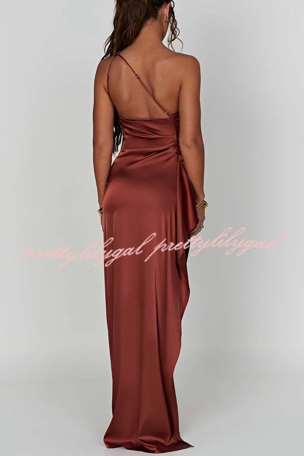 Fits Your Curves Satin One Shoulder Drape Slit Maxi Dress