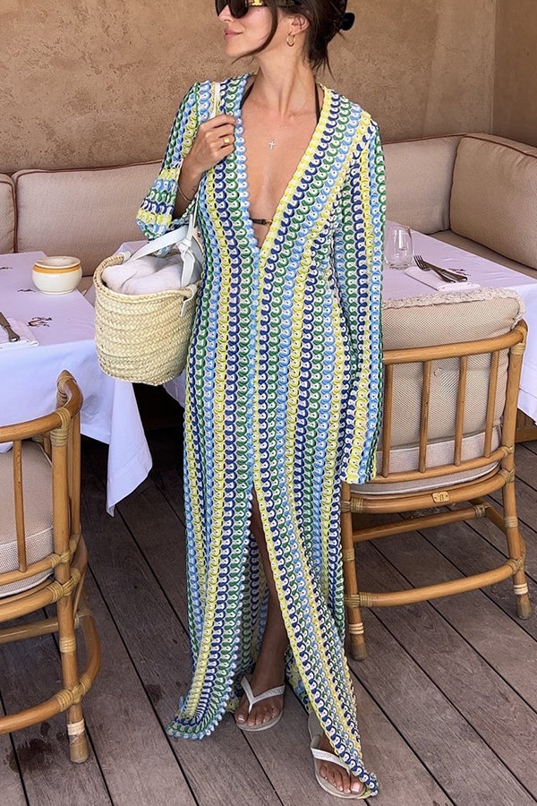 Bondi Beach Knit Colorful Wave Print Long Sleeve Vacation Maxi Dress