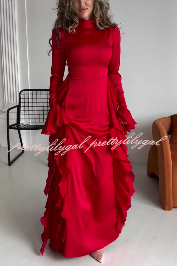 Cline Solid Color High Neck Long Sleeve Elegant Ruffles Maxi Dress