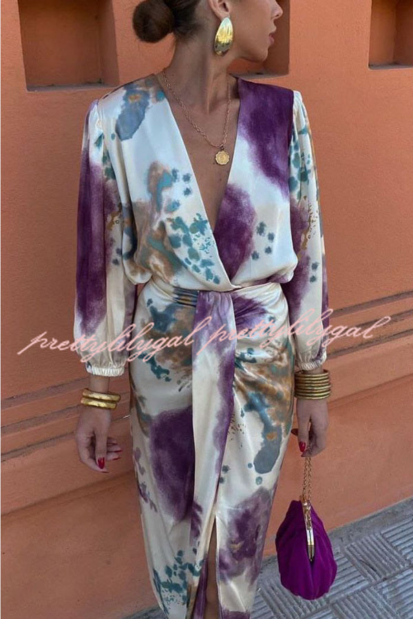 Luxury Party Satin Tie-dye Print V-neck Long Sleeve Shirt