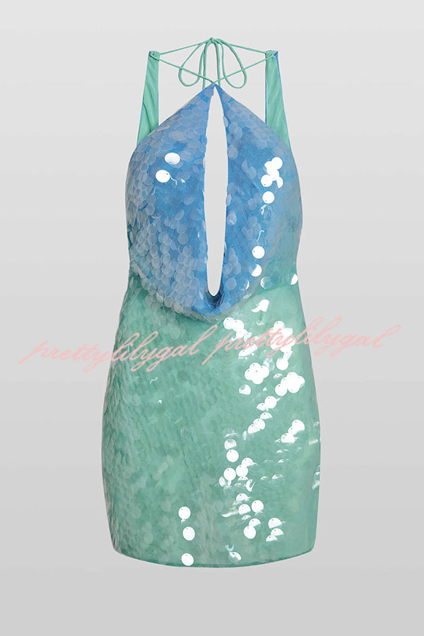 Fashion Sexy Sequined Backless Halter Neck Slim Fit Mini Dress