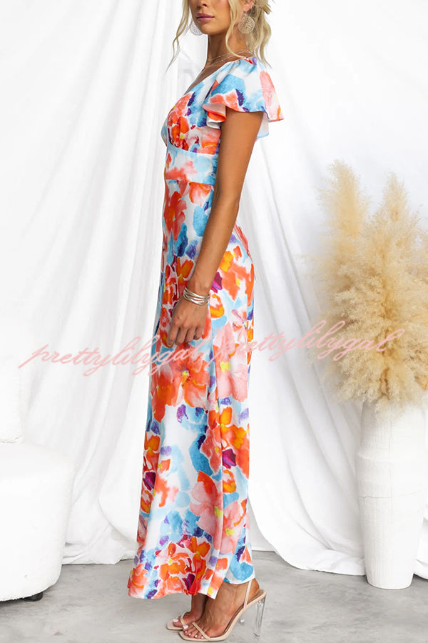 Say I Do Satin Floral Print Cap Sleeves Maxi Dress