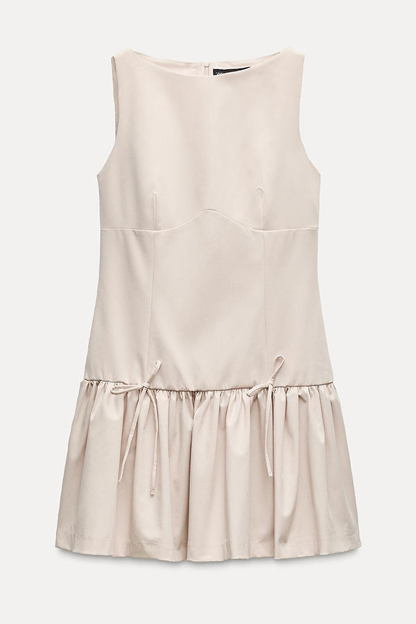 Solid Bow Round Neck Sleeveless Mini Dress