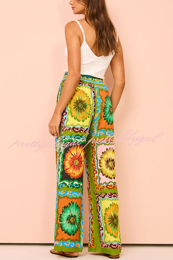 Disco Daisy Unique Printed Colorblock Elastic Waist Pocket Pants Set