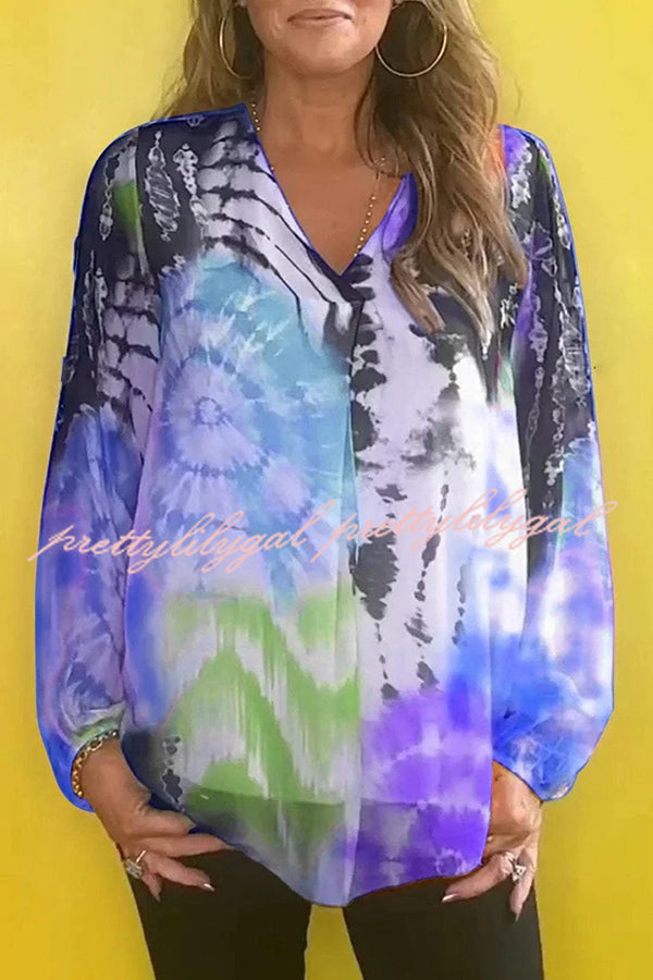 Fashionable Gradient Tie-dye V-neck Long-sleeved Casual Shirt