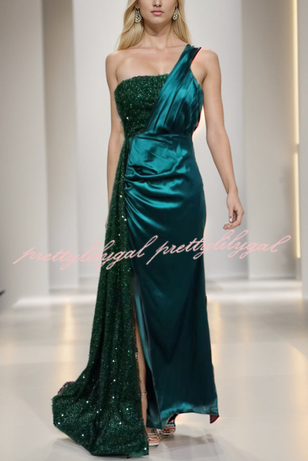 Taylor Sequin Velvet Patchwork One Shoulder Ruched Slit Prom Maxi Dress