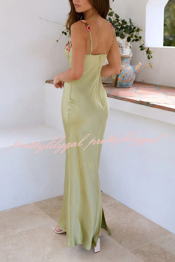 Endless Love Satin Embroidered Flower Trim Strap Maxi Dress