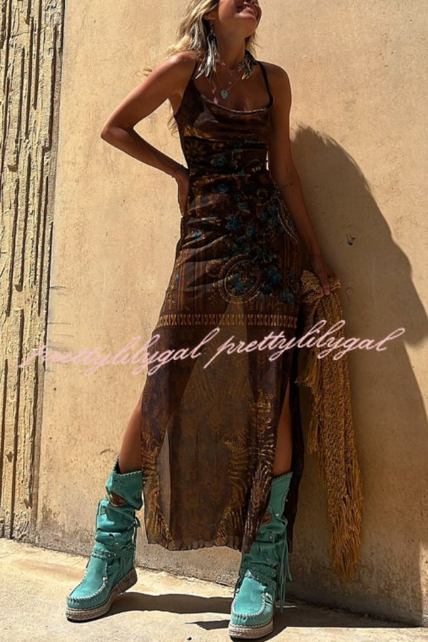 Gypsy Style Unique Print Cowl Neck Back Lace-up Slit Midi Dress