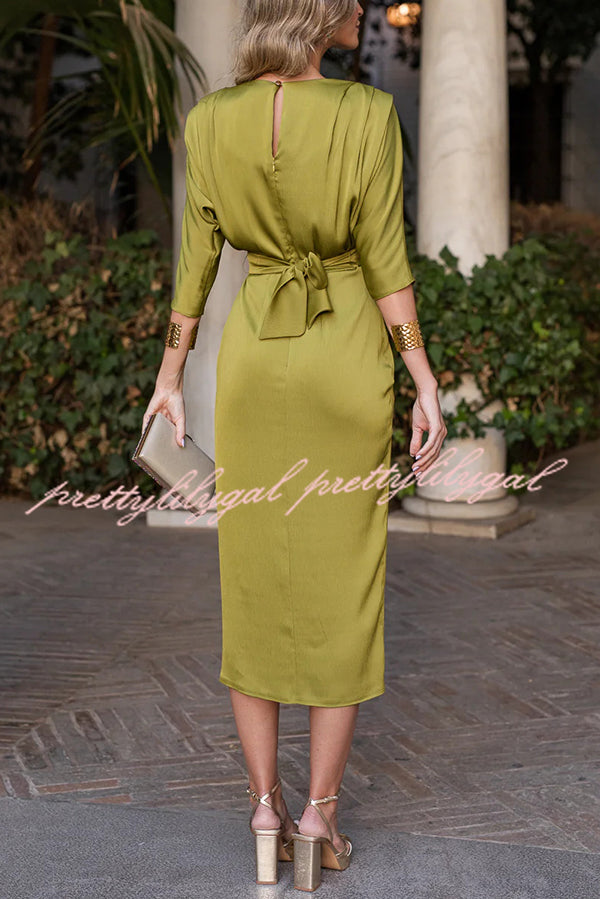 Satin Solid Color Round Neck Half Sleeve Waist Midi Dress