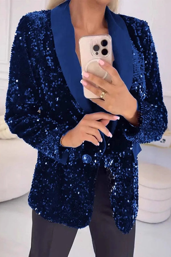 Fashion Sequin Lapel Long Sleeve Casual Blazer