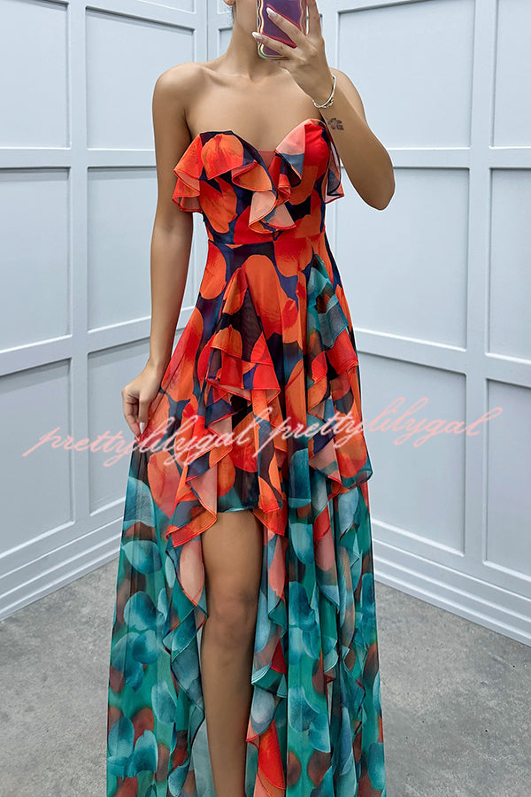 Loving Moment Gradient Unique Print Flowing Layered Ruffles Strapless Slit Maxi Dress