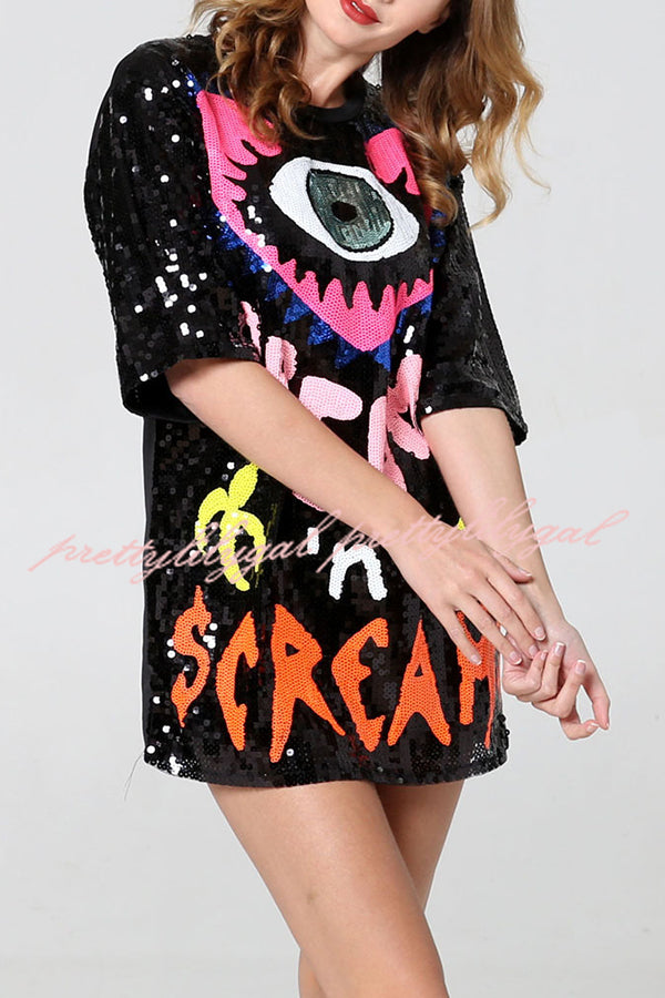 Love Eyes Letters Sequined Round Neck Short Sleeve Mid-Length Loose T-Shirt