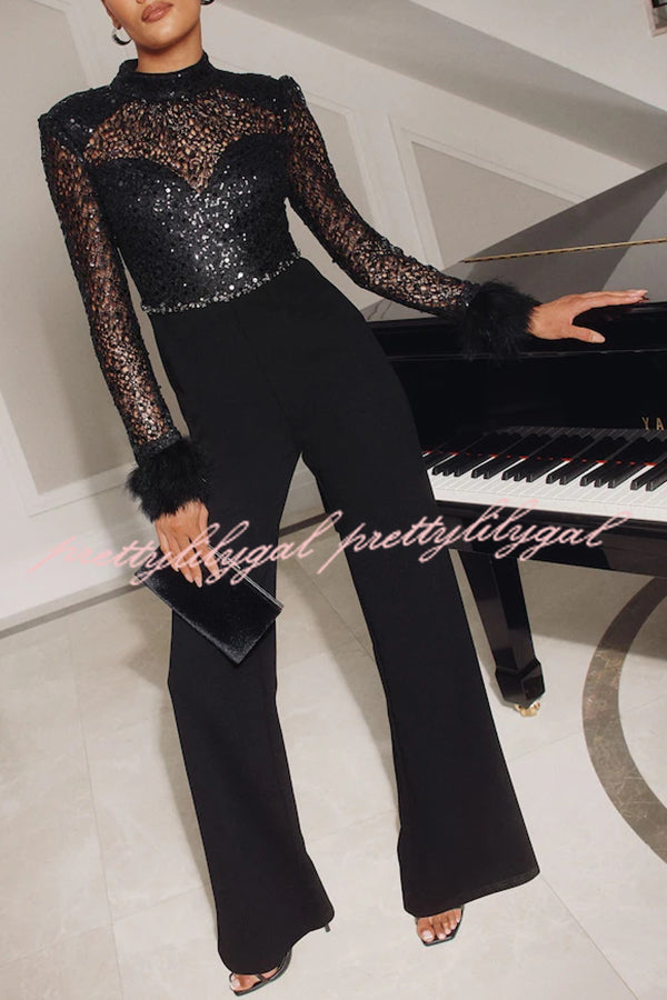 Aerie Sequin Embellished Mock Neck Long Sleeve Feather Cuff Flare Jumpsuit