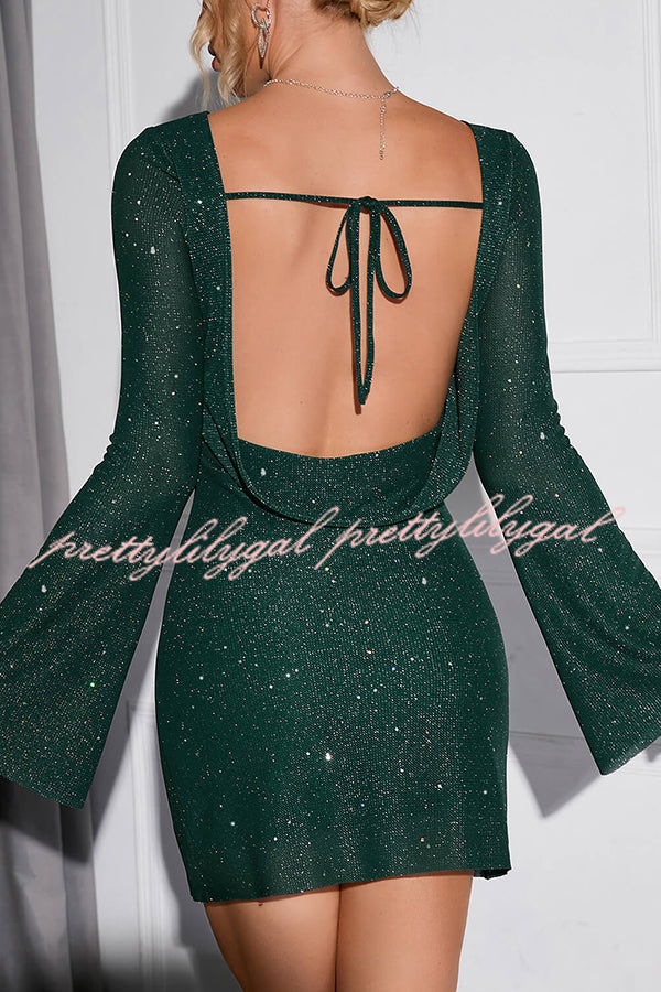 Solid Sequined Open Back Lace Up Mini Dress