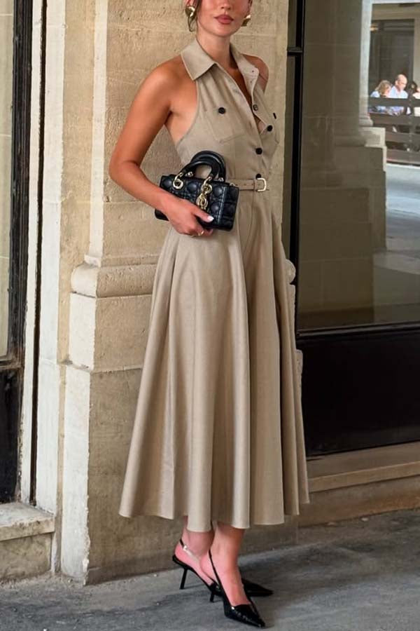 Charmed To Meet You Button Up Belted Pocket Halter Shirt Flare Midi Dress