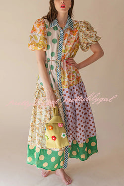 Linen Blend Unique Print Lapel Puff Sleeve Casual Midi Dress