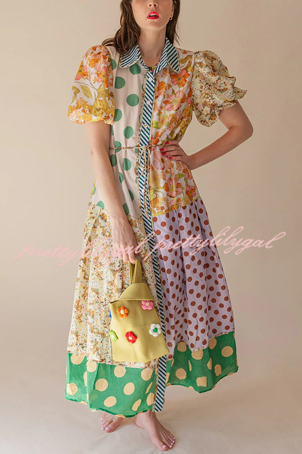 Linen Blend Unique Print Lapel Puff Sleeve Casual Midi Dress