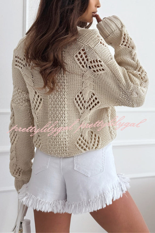 Fashion Hollow Long Sleeve V-neck Button Loose Knitted Cardigan