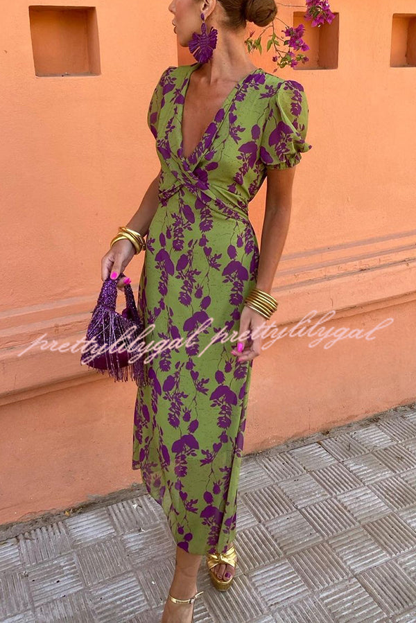 Botanical Print V-neck Puff Sleeve Tie Waist Midi Dress