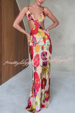 Hawaiian Dreams Satin Floral Print Cutout Backless Maxi Dress